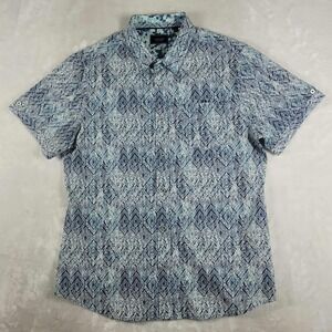 7 Diamonds 4 Way Stretch Button Up Men's Large Blue Short Sleeve Geometric AOP